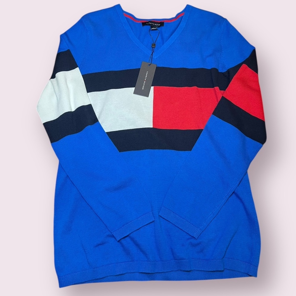 Tommy Hilfiger NWT Preppy V Neck Bold Colorblock 100% Cotton Knit Sweater size M - Picture 2 of 7